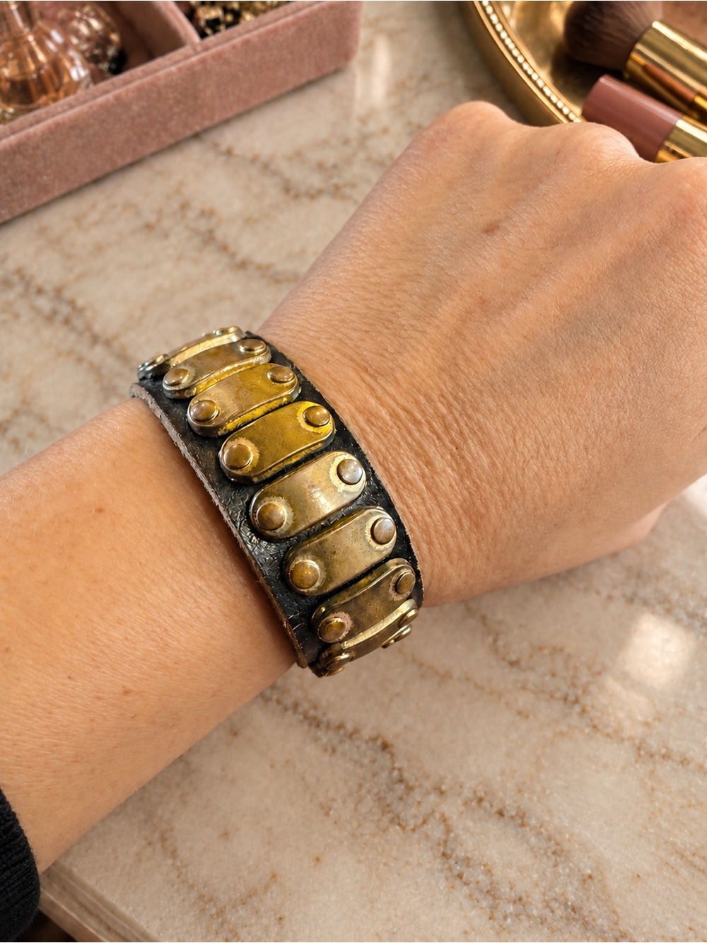 Vintage Distressed Leather & Brass Studded Cuff Bracelet